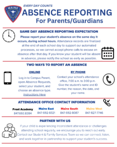 Absence reporting flyer for Maine schools showing instructions to report absences on the same day, contact info for four campuses, and ways to report online or by phone. Includes icons and partnership message at the bottom.