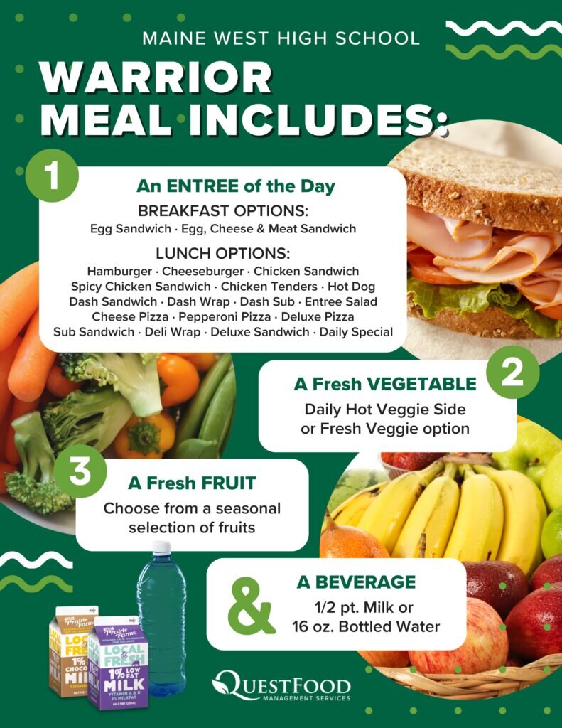 Maine West Warrior meal includes an entrée, fresh veggie, fresh fruit, and a beverage. Image shows meal options, veggies, fruit, milk, and water, with text details and green, white, and yellow design elements.