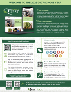 A green and white flyer welcomes families to the 2026-2027 school year, describes Quests meal program, food philosophy, allergen info, digital menu access, and app for viewing meals and nutrition. QuestFood branding shown at bottom.